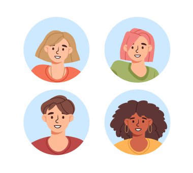 Bir grup kullanıcı avatarı konsepti. Farklı kültürlerden erkek ve kadınlar. Çeşitli etnik köklere sahip bir toplum. Web sitesi afişi ya da afişi. Çizgi film düz vektör koleksiyonu beyaz arkaplanda izole edildi