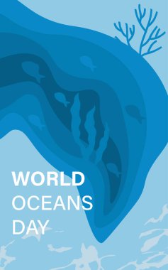 Dünya Okyanusları Günü konsepti. Doğaya, çevreye, ekolojiye önem ver. Bitkilerle dolu temiz deniz. Uluslararası bayram ve festival için tebrik kartı. Çizgi film düz vektör çizimi