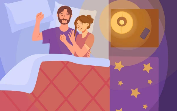 Çift Yatak Konseptinde Uyur Gece Yatak Odasında Kadın Erkeğe Tepeden — Stok Vektör