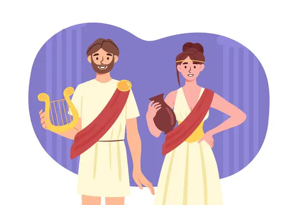 Pessoas Grego Conceito Homem Mulher Com Ânfora Harpa História Tradições —  Vetores de Stock