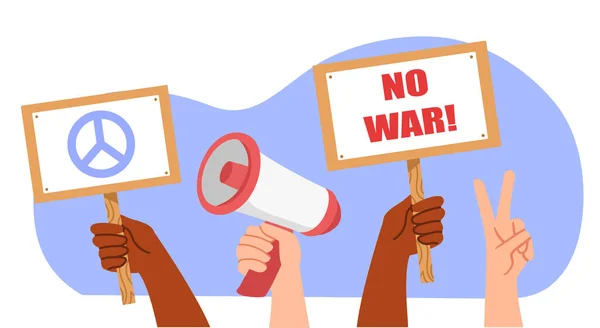 Emberek Háború Ellen Férfiak Nők Jelekkel Plakátokkal Béke Szimbólummal Humanizmus — Stock Vector