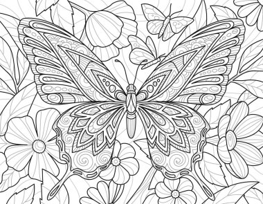 Kelebek boyama kitabı. Zen karışıklığı tarzında kanatları olan tropikal egzotik böcekli çizim. Çocuklar ve yetişkinler için ana hatlı eğlence. Beyaz arkaplanda izole edilmiş doğrusal vektör