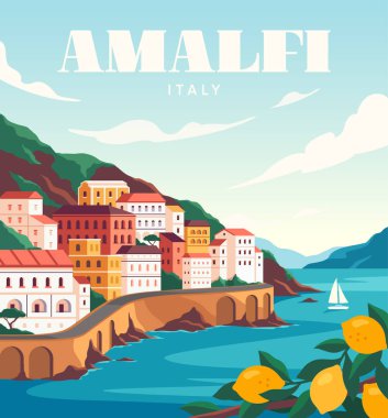 İtalya 'nın en iyi afişi. İtalyan manzarası, binaları, deniz ve limon ağacı olan renkli bir pankart. Amalfi kasabasının doğası ve mimarisi. Seyahat ve turizm konsepti. Çizgi film düz vektör çizimi