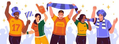 Crowd of sports fans poster. Cheerful characters with flags and posters, scarves and hats support basketball or football players. Cartoon flat vector illustration isolated on white background clipart