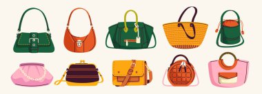 Designer bags set. Colorful variation of trendy female clutche and pouche, hobo and beach bag, handbag and shopper, tote and cross body. Cartoon flat vector collection isolated on white background clipart