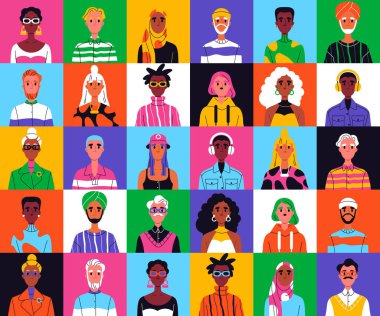 Çeşitli insanlar sorunsuz bir düzen içinde. Farklı ten renkleri, yaşları, cinsiyetleri ve ulusları olan mozaik posterler. Kadın ve erkeklerden oluşan çok ırklı bir topluluk. Çizgi film düz vektör çizimi