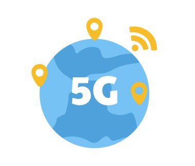5G aygıt gezegen konsepti. Kablosuz bağlantı için modern bir cihaz. Küreselleşme ve küresel iletişim. Şablon ve düzen. Çizgi film düz vektör çizimi beyaz arkaplanda izole edildi