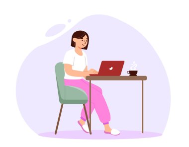 Ev kavramından çalış. Masanın yanında kırmızı dizüstü bilgisayarı olan genç bir kız ve sıcak bir bardak içki. Uzaktan kumandalı online çalışan ya da kapalı alanda serbest çalışan. İnternetten kazanç. Çizgi film düz vektör çizimi