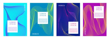 Soyut özgeçmiş ayarlandı. Mor, mavi ve yeşil şablonlar. Posterler ve afişler için gelecek tasarımı. Şablon ve düzen. Çizgi film düz vektör koleksiyonu beyaz arkaplanda izole edildi