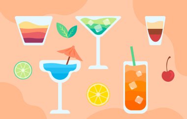 Kokteyl seti konsepti. Meyveli içecek ve lezzetli soğuk içecekler. Bardakta buzlu içecekler. Yaz mevsimi tatlı ve lezzet. Çizgi film düz vektör koleksiyonu bej arkaplanda izole edildi