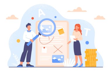 Editör komitesi konsepti. Belgenin yanında büyüteç takan kadın ve erkek. Editörler yazı yazar, web sitesi için ilginç içerik oluştururlar. Çizgi film düz vektör çizimi