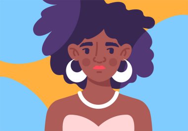 Kapak konseptinde moda portresi. Siyah saçlı Afrikalı Amerikalı genç bir kız. Pembe elbiseli güzel bir kadın. Modaya uygun biri. Web sitesi için grafik ögesi. Çizgi film düz vektör çizimi