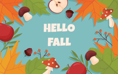 Merhaba sonbahar afişi. Mantar ve portakal yaprakları, elma ve meşe palamudu. Web sitesi için poster ya da kapak. Sonbahar ve soğuk hava. Rahatlık ve rahatlık. Çizgi film düz vektör çizimi