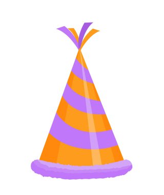 Tatil şapkası konsepti. Festival için renkli giysiler. Parti için turuncu ve mor şapka. Web sitesi için grafik ögesi. Çizgi film düz vektör çizimi beyaz arkaplanda izole edildi