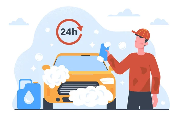 洗車コンセプトを持った男 スポンジ 石鹸の泡が付いている自動車の近くの若い男 清潔さと衛生性 カーサービスの職業 漫画フラットベクターイラスト — ストックベクタ