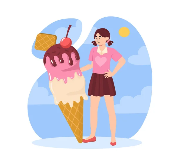 Girl Ice Cream Concept Kid Pink Tshirt Cold Frozen Dessert — Stock Vector