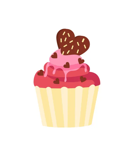 情人节快乐纸杯蛋糕的概念 面包店和自制食品 有巧克力心的蛋糕 社交网络更有吸引力 在白色背景上孤立的卡通平面矢量图解 — 图库矢量图片