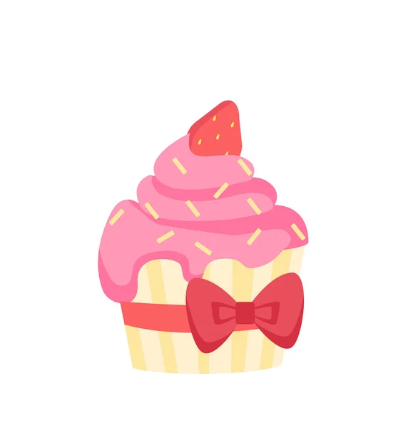 情人节快乐纸杯蛋糕的概念 面包店和自制食品 用粉色釉料和草莓做的蛋糕 海报或横幅 在白色背景上孤立的卡通平面矢量图解 — 图库矢量图片