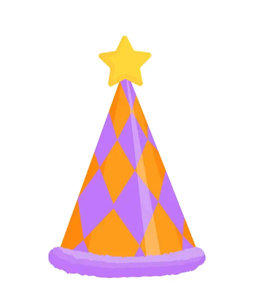 ホリデーキャップコンセプト フェスティバルのための服のカラフルな要素 星が付いている紫とオレンジの帽子 ポスターやバナー 白い背景に隔離された漫画の平らなベクターのイラスト — ストックベクタ
