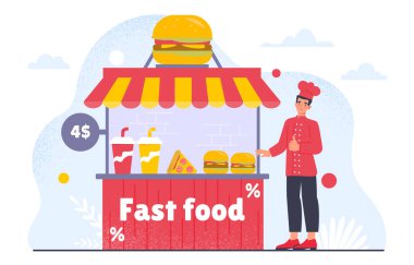 Fast food konseptli büfe. Yanında hamburgerli kırmızı araba satıcısı. Hamburger, bir dilim pizza ve bir fincan soda. Yemek servisi ve açık hava kafeteryasında yemek servisi. Çizgi film düz vektör çizimi