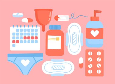 Adet dönemi konseptine ayarlı. Pedli ve tamponlu takvim. Kadın hijyeni, jinekoloji ve yumurtlama, doğurganlık. Çizgi film düz vektör koleksiyonu pembe arkaplanda izole edildi