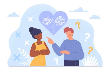 İlişki sorunları kavramı. Kırık kalbe yakın bir adam ve kadın. Aile içi kavgalar ve skandallar, tatminsiz karı koca. Hayal kırıklığı ve depresyon. Çizgi film düz vektör çizimi