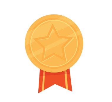 Altın kupa ya da ödül konsepti. Yarışmada ve turnuvada kazananlara ödül. Kırmızı kurdeleli ve yıldız şeklinde altın madalya. Çizgi film düz vektör çizimi beyaz arkaplanda izole edildi