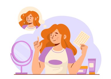 Cilt bakımı konsepti olan kadın. Sivilce için yüz bandı olan genç bir kız. Güzellik, estetik ve zarafet. Kozmetik ürünleri olan biri, aynanın yanında kremler. Çizgi film düz vektör çizimi