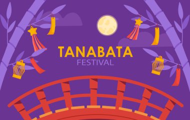 Tanabata festivali konsepti. Uluslararası tatil ve festival. Ağaçların yanındaki kolyelerde yıldızlar ve altın kafesler. Web sitesi afişi ya da afişi. Çizgi film düz vektör çizimi