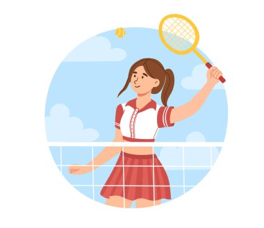 Tenis oyuncusu konsepti. Sahada raketi olan bir kadın. Beyaz tişörtlü ve kırmızı etekli genç kız. Aktif yaşam tarzı ve spor. Antrenman ve açık havada antrenman. Çizgi film düz vektör çizimi