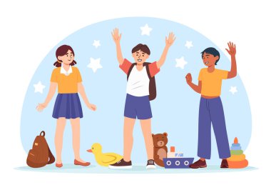 Oyuncak konsepti olan üç çocuk. Sırt çantalı erkekler ve kızlar ve plastik ördek, renkli piramit. Eğlence ve rahatlık. Oyuncak ayı teknenin yanında. Çizgi film düz vektör çizimi