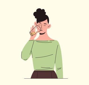 Kadınlar su konsepti içer. Sıvı, su ve su dolu camlı kız. Su tuzu dengesi, susuzluğa ve sağlıklı yaşam tarzına karşı savaş. Çizgi film düz vektör çizimi yeşil arkaplanda izole edildi