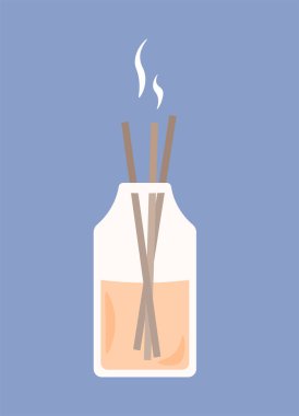 Aroma mumu kavramı. Ev ve daire için konfor ve konfor. Aroma iğneleri ve cam kavanozlar. Rahatlama ve spa prosedürleri. Çizgi film düz vektör çizimi mavi arkaplanda izole edildi
