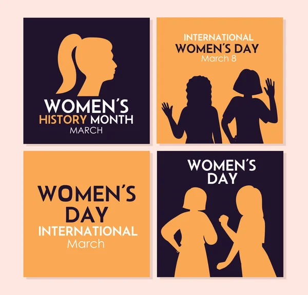 Journée Internationale Des Femmes Affiches Bannières Noires Jaunes Silhouettes Jeunes — Image vectorielle