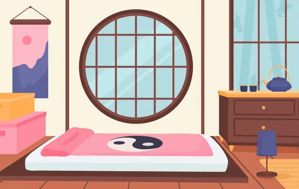 Habitación Japonesa Concepto Interior Cama Con Mullida Manta Rosa Blanca — Vector de stock