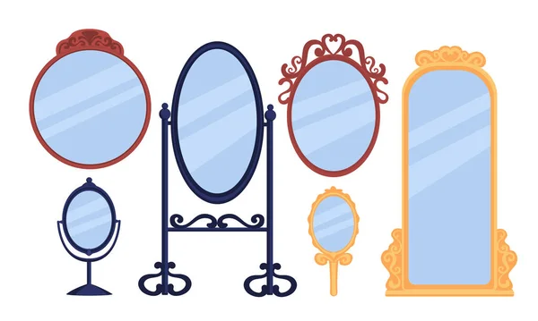 Set Mirrors Concept Pack Frames Different Shapes Reflection Element Decor — Stock Vector