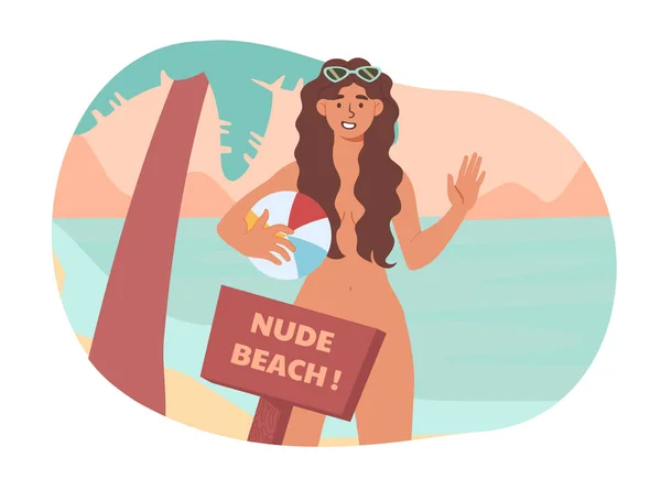 Kobieta Koncepcji Plaży Nudystów Młoda Dziewczyna Bez Ubrań Strojów Kąpielowych — Wektor stockowy
