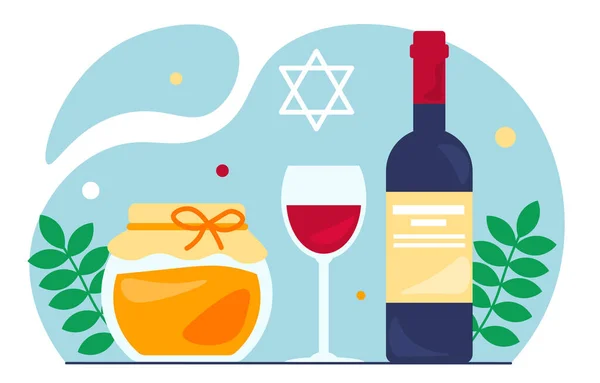 Rosh Hashanah庆祝概念 酒瓶旁边的玻璃瓶里放着蜂蜜和杯子 传统的犹太节日和节日 海报或横幅 卡通平面矢量插图 — 图库矢量图片