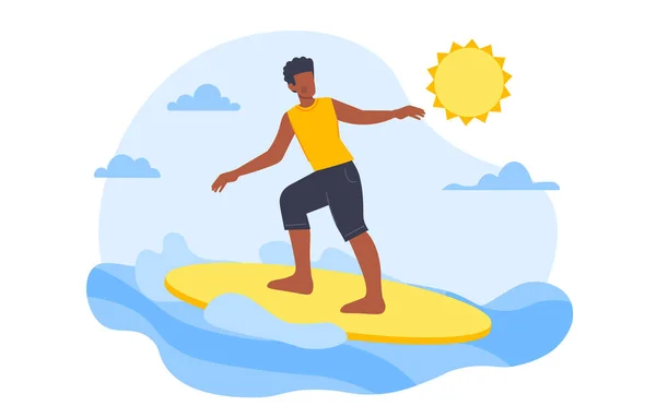 Deniz Konseptinde Sörfçü Sarı Sörf Tahtasında Sıcak Havada Mayo Giymiş — Stok Vektör