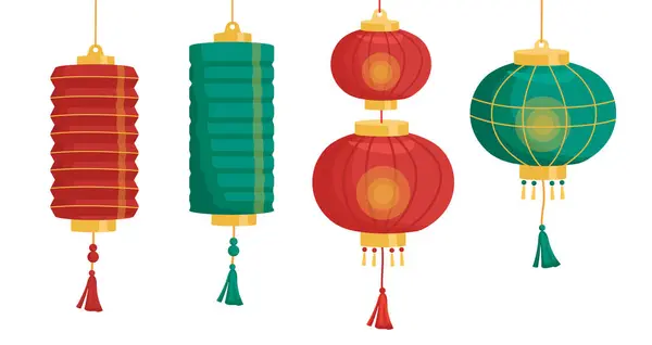 Chińskie Lampy Gotowe Czerwone Zielone Elementy Dekoracyjne Domu Tradycyjnym Azjatyckim — Wektor stockowy