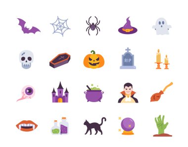 Yarasalar, örümcek ağları, örümcek ağları ve beyaz arkaplanda izole edilmiş diğer korkutucu renkli basit vektör doğrusal simgeleri. Geleneksel Cadılar Bayramı dekorasyon için renkli elementler