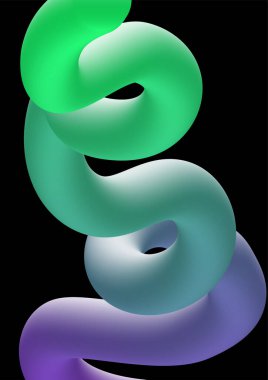 Soyut 3d eğri neon çizgi konsepti. El ilanları için yaratıcılık ve sanat objesi. Mavi eğimli yeşil spiral. Şablon ve düzen. Siyah arkaplanda izole edilmiş Isometric vektör illüstrasyonu