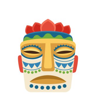 Afrika maskesi konsepti. Afrika için geleneksel kıyafet öğesi. Etnik ve kültürel. Sosyal ağlar ve kuryeler için etiket. Çizgi film düz vektör çizimi beyaz arkaplanda izole edildi