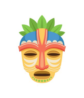 Afrika maskesi konsepti. Afrika için geleneksel kıyafet öğesi. Kabile etnik kökeni ve kültürü. Web sitesi için grafik ögesi. Çizgi film düz vektör çizimi beyaz arkaplanda izole edildi