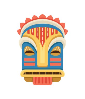 Afrika maskesi konsepti. Afrika için geleneksel kıyafet öğesi. Tatil ve festival. Kültür ve etnik köken. Şablon ve düzen. Çizgi film düz vektör çizimi beyaz arkaplanda izole edildi