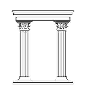 Antik soy ağacı konsepti. Yunan ve eski Roma mimarisi ve mermer sütunları. Tarih ve kültür. Poster ya da afiş. Beyaz arkaplanda izole edilmiş doğrusal düz vektör çizimi