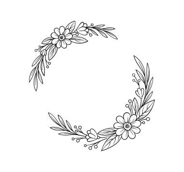 Botanik çerçeve kavramı. Metin için boş alan. Çiçek açan bitkiler ve dallar. Sosyal ağlar için etiket. Beyaz arkaplanda izole edilmiş doğrusal düz vektör çizimi