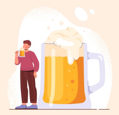 Bira konsepti olan adam. Alkollü ve köpüklü büyük bardağın yanındaki genç adam. İçecek ve alkol. Oktoberfest için poster ya da afiş. Geleneksel Alman bayramı. Çizgi film düz vektör çizimi