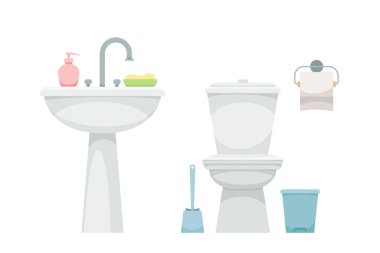 Banyo eşyaları hazır. Fırçalı tuvalet, sabun ve süngerli lavabo. Temizlik ve hijyen. Şablon ve düzen. Çizgi film düz vektör çizimi beyaz arkaplanda izole edildi