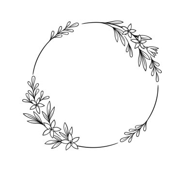 Botanik çerçeve kavramı. Metin için boş alan. Dallardan gelen doğal çelenkler. Çiçek ve çiçek açan bitkiler. Minimalist yaratıcılık ve sanat. Beyaz arkaplanda izole edilmiş doğrusal düz vektör çizimi